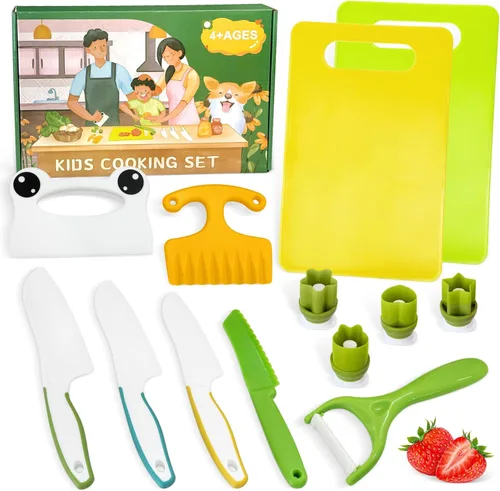 Chanking Juego de 13 piezas de cuchillos para niños para cocina real, herramientas de chef de plástico aptas para niños, juguetes de cocina