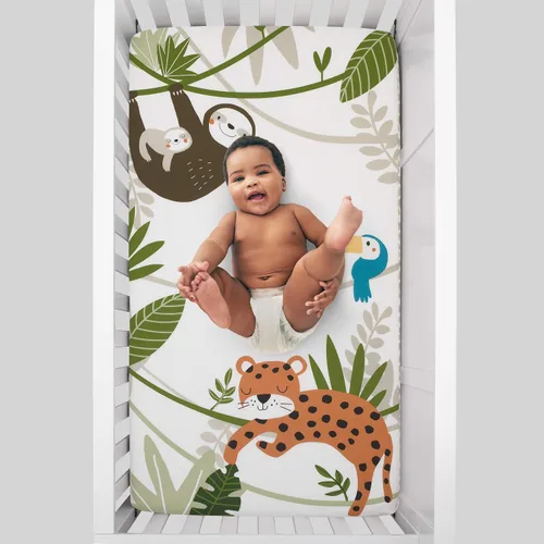 Miniatura 2 de NoJo Jungle Gym - Sábana bajera ajustable para cuna, color verde, marrón y gris, 100% algodón, para habitación de bebé, gris, verde, blanco, marrón