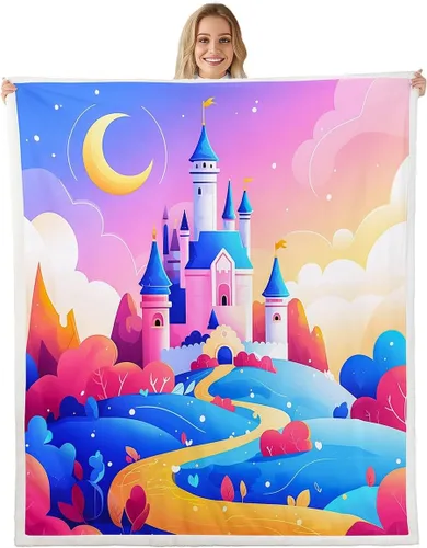 Miniatura 12 de Princess Flannel Blanket All Seasons,Rainbow Cloud Stars Butterfly Bed Blanket for Kawaii Home Decor,Dreamy Fairy Tale Castle Blanket for Kids Girls