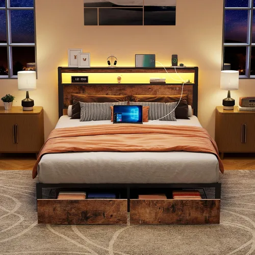 Miniatura 8 de SADENICEL Base de cama de tamaño matrimonial con almacenamiento, plataforma de cama de madera LED con cabecero, 2 cajones, estación de carga,