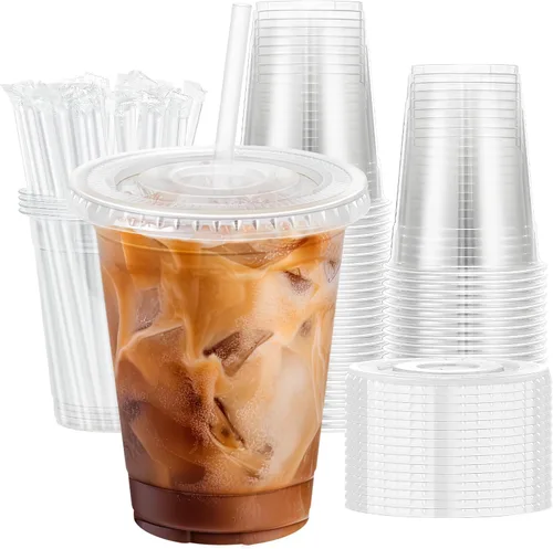 Miniatura 7 de Lamosi Paquete de 100 vasos de plástico transparente de 12 onzas con tapas y pajitas, tazas desechables para café helado con tapas para bebidas