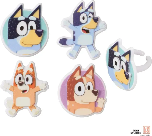 Miniatura 7 de DecoPac Bluey So Much Fun Anillos, 24 decoraciones para cupcakes con Bluey, Bingo, Bandit y Chilli, 3D seguros para alimentos, paquete de 24