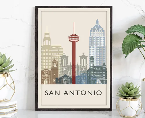 Póster de horizonte de San Antonio, impresión de paisaje urbano y monumento, arte de pared para el hogar, decoración de pared de oficina, 12 x 18