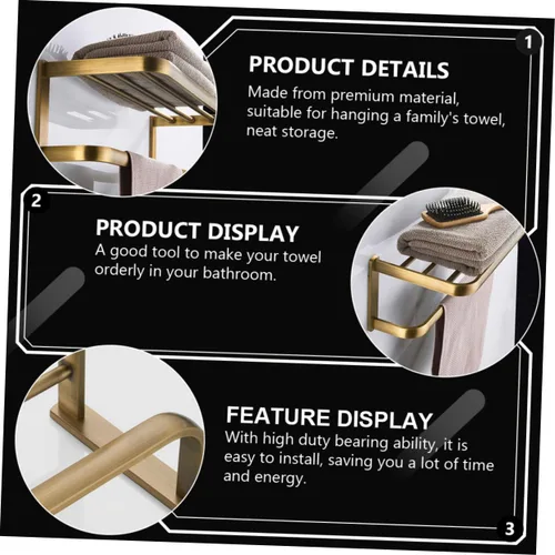 Miniatura 9 de Homoyoyo Retro Brass Bathroom Wall-Mounted Storage Rack High Load Towel Holder Shelf for Bath and Hand Towels Easy Installation Space-Saving