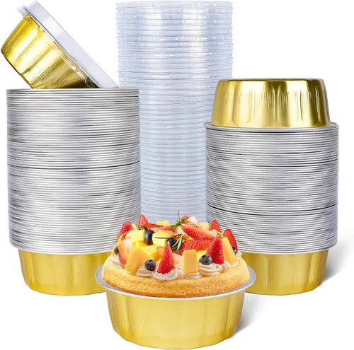Miniatura 84 de Beasea Ramequines con tapas, 8oz 50 unidades de tazas de aluminio desechables para hornear, tazas de papel de aluminio plateado para creme brulee