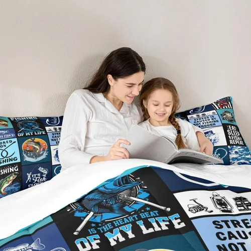 Miniatura 5 de Manfei Go Fishing Juego de edredón tamaño King para niños, juego de ropa de cama con diseño geométrico de peces de bass y rombos, decoración