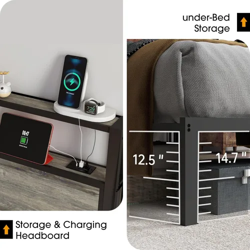 Miniatura 7 de Base de cama tamaño King con cabecero, estructura de cama de plataforma metálica con luces LED y estación de carga, almacenamiento debajo de la gris