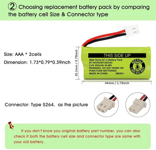 Miniatura 5 de iMah BT183342/BT283342 2.4V 400mAh Ni-MH - Batería compatible con baterías de teléfono inalámbrico AT&T VTech BT166342/BT266342 BT162342/BT262342