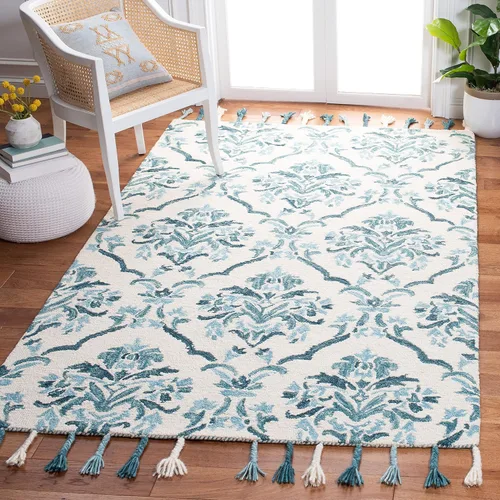 Miniatura 10 de SAFAVIEH Suzani Collection SZN205A - Alfombra de pasillo de lana con borlas de 2 pies 3 pulgadas x 8 pies, color marfil y turquesa