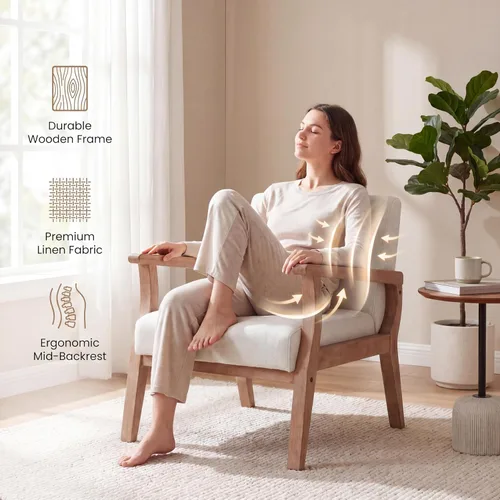 Miniatura 3 de Juego de 2 sillas decorativas beige, sillas modernas de mediados de siglo para sala de estar, dormitorio, sillón con marco de madera, silla auxiliar