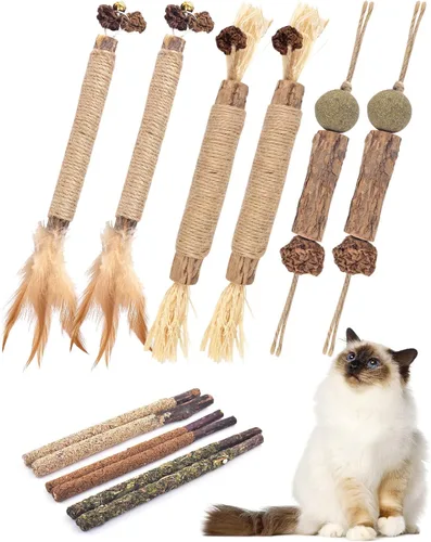 TINDTOP Juguetes masticables de hierba gatera para gatos, paquete de 12 palitos de vid plateada natural para limpieza de dientes de gatitos, cuidado