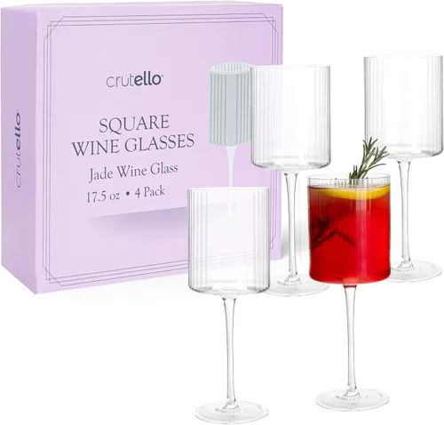 Miniatura 12 de Crutello Copas de vino modernas, cristalería acanalada única de 17 onzas con textura de cristalería acanalada vintage y borde dorado, copas de vino