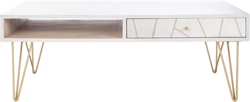 Miniatura 8 de Safavieh Home Collection Mesa de centro con patas de horquilla de latón y lavado blanco de mediados de siglo de caléndula Blanco lavado y latón