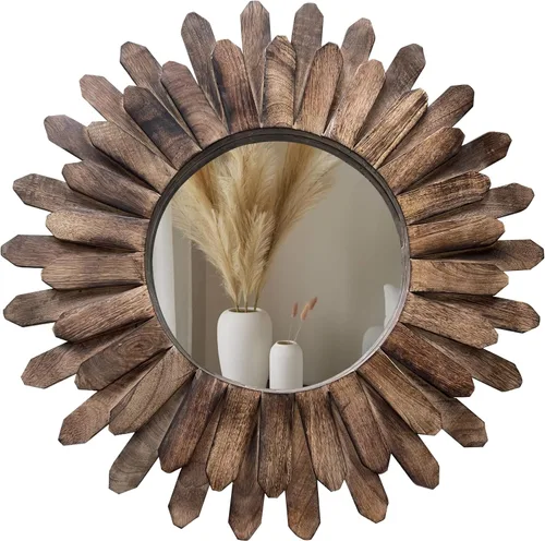 Bedding Craft Espejo rústico redondo de madera con diseño de rayos de sol, de 18 pulgadas con acabado quemado – Accesorio bohemio para dormitorio,