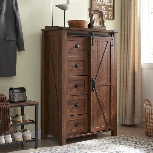 Miniatura 13 de T4TREAM Cómoda de 5 cajones para dormitorio con puerta de granero deslizante, cómoda moderna alta de estilo granja, 5 cajones, organizador de Roble