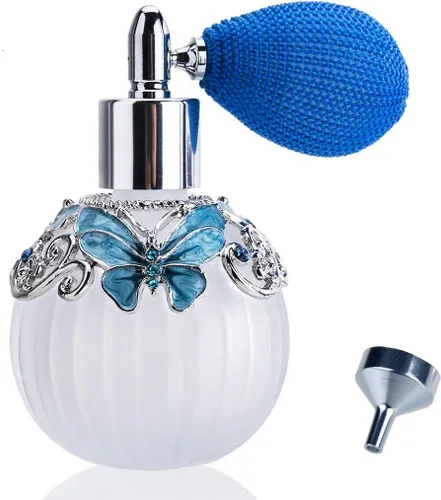 YU FENG Botella de perfume de vidrio con atomizador de spray + bulbo de presión + embudo, patrón de mariposa pintado a mano, atomizador de cristal