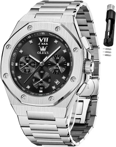Miniatura 13 de OLEVS - Relojes de acero inoxidable para hombre, reloj de negocios y vestir de gran tamaño, fácil de leer, analógico, impermeable, luminoso, casual