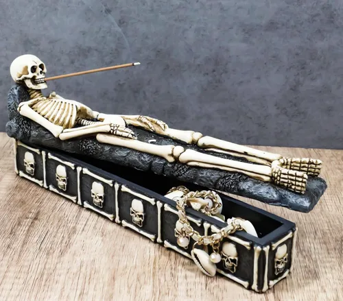 Miniatura 7 de Ebros Gift Ossuary - Esqueleto escalofriante de hueso macabro, descansa en paz, lápida, cementerio, incienso, soporte para quemador y caja