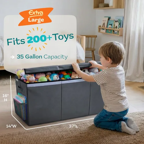 Miniatura 2 de SoftOwl Organizador de almacenamiento de juguetes extra grande con tapa, diseño de caja de almacenamiento de juguetes resistente y plegable, Gris