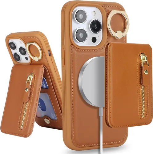 Miniatura 24 de para iPhone 14 Funda con soporte magnético Magsafe compatible, llavero de cuero PU plegable con soporte desmontable, funda tipo cartera 2-en-1