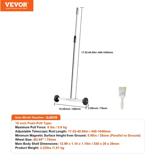 Miniatura 7 de VEVOR Barredora magnética con ruedas, mini barredora magnética de 15 pulgadas, capacidad de 8 libras, mango ajustable, barredora magnética ligera