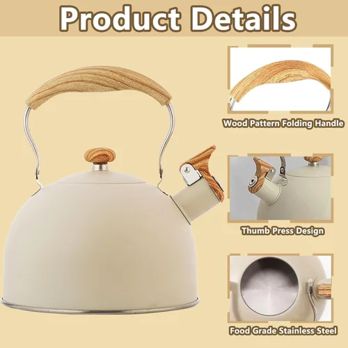 Miniatura 3 de Tetera de 2.6 cuartos de galón, tetera silbante de acero inoxidable de grado alimenticio con mango de madera, funciona para todas las estufas
