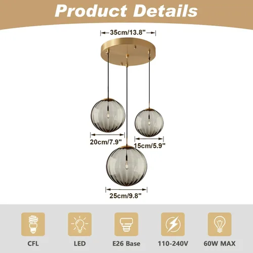 Miniatura 2 de Lámpara colgante de KCO Lighting Moderna de Oro con 3 Luces, Clúster de Globo de Vidrio Ahumado Grande, Lámpara de Araña de Latón Cepillo para Isla