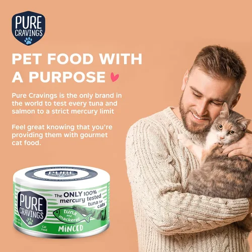 Miniatura 6 de Pure Cravings Comida enlatada húmeda de atún y caballa picada para gatos, 100% atún probado con mercurio, lata húmeda para gatos, sin granos