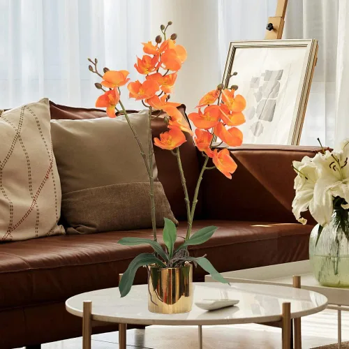 Miniatura 5 de CXGS Planta de orquídeas artificiales de tacto real, orquídeas falsas en jarrón de cerámica, naranja, 19.7 pulgadas, arreglo floral falso
