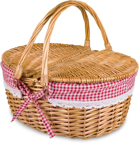 Miniatura 8 de Cesta de picnic de mimbre con tapa y asa, cuerpo tejido resistente con forro lavable, flores pequeñas
