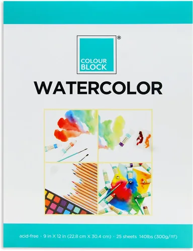 COLOUR BLOCK Bloc de papel de acuarela | 25 hojas | 9 x 12 pulgadas | Bloc de dibujo grueso y absorbente | Ideal para rotulador de pintura,