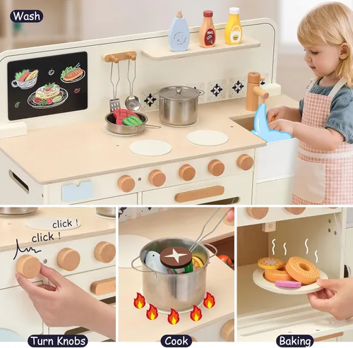 Miniatura 5 de Juego de cocina de madera Pillowhale, juego de cocina grande interactivo con lavadora, horno, cajón y almacenamiento, utensilios de cocina de metal