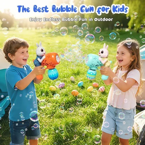 Miniatura 2 de Pistola de burbujas para niños, paquete de 2 pistolas de burbujas para niños pequeños, máquina de burbujas de conejo, juguete eléctrico de burbujas