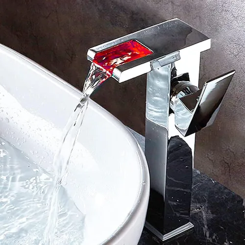 Miniatura 5 de Grifo de baño cromado con luz LED, 3 cambiantes de color, cascada de una sola manija, un agujero, grifo de fregadero a juego, desagüe desplegable