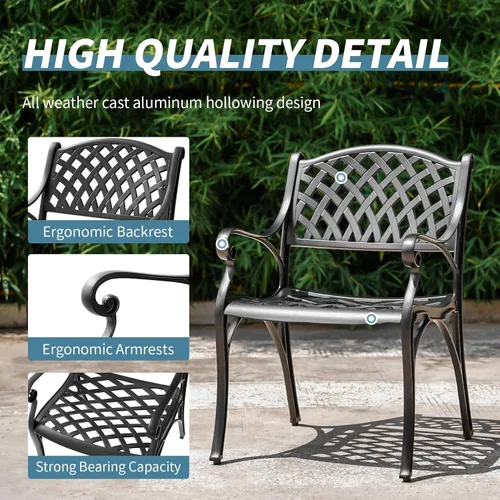 Miniatura 3 de Juego de 2 sillas de comedor de aluminio fundido para exteriores, juego de sillas de bistró para patio con reposabrazos, sillas de comedor