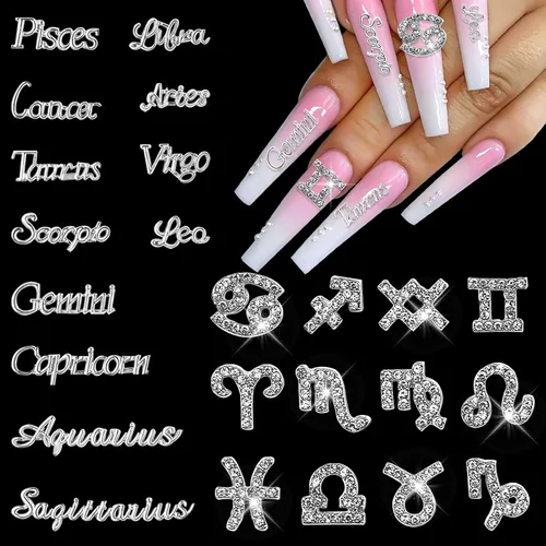 Miniatura 9 de Juego de 48 piezas de dijes de aleación de oro y plata del zodiaco, signos del zodiaco, constelación, palabras para uñas, conjunto de doce 48 dijes