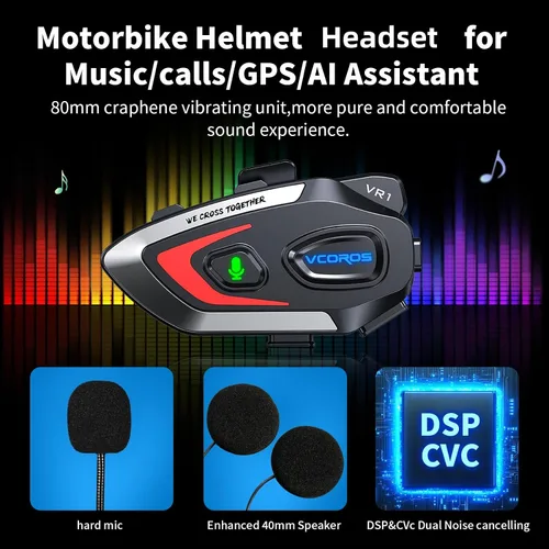 Miniatura 3 de VCOROS VR1 Auriculares para Casco de Motocicleta, Altavoces de Casco de Larga Duración de Batería con Respuesta Automática/Doble Cancelación