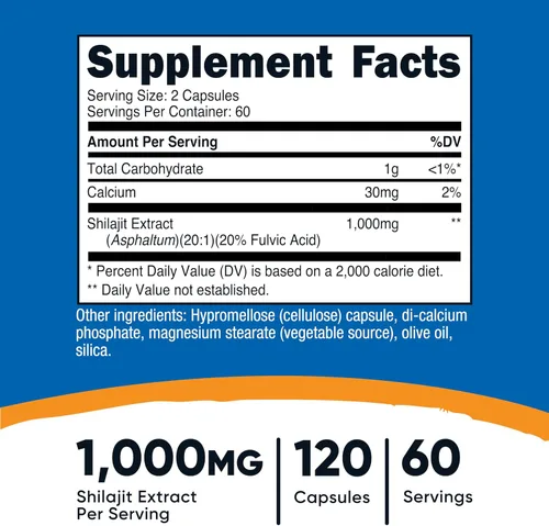 Miniatura 2 de Nutricost - Cápsulas de Shilajit (1,000 mg por porción) (120 cápsulas) - Extracto de Shilajit con ácido fúlvico natural, 60 porciones, suplemento