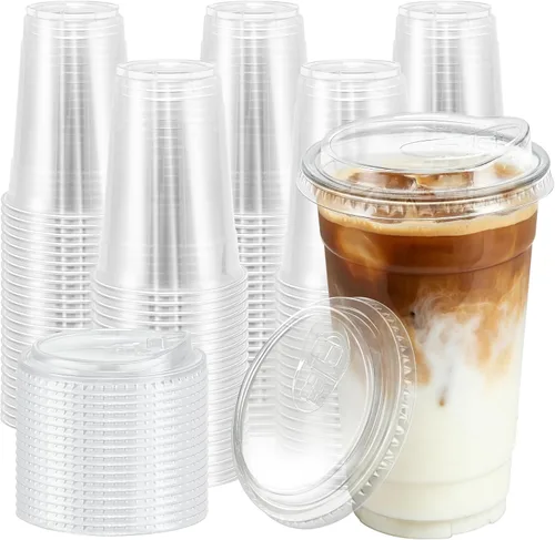 Miniatura 12 de BYSNOW Paquete de 100 vasos de plástico transparente de 16 onzas con tapas, tazas desechables para café helado con tapas para sorber, vasos