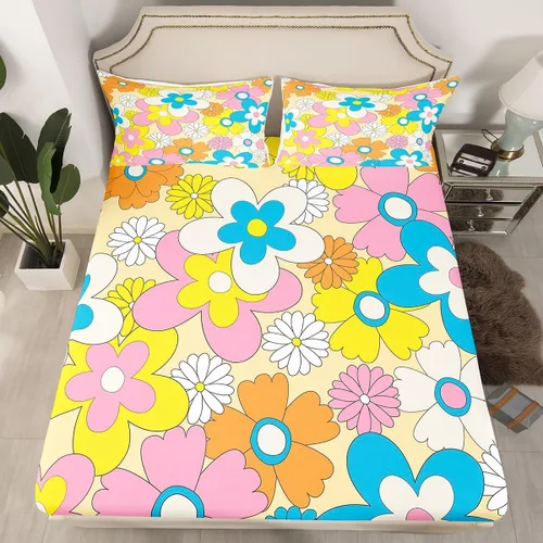 Miniatura 35 de Juego de ropa de cama con diseño floral bohemio, tamaño individual, diseño retro de flores groovy, 60S y 70S, diseño de flores hippie para niños