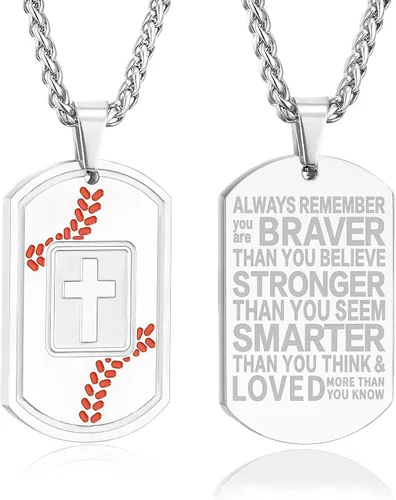 Miniatura 20 de Collar de cruz con versículo bíblico de béisbol, acero inoxidable, dije de cruz en tono negro/dorado/plateado, regalos religiosos, joyería deportiva
