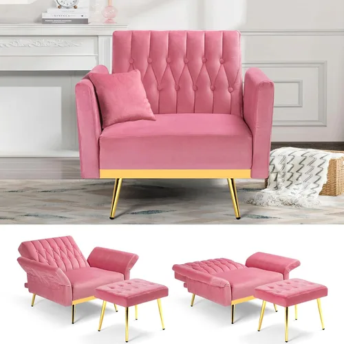 Miniatura 9 de Silla decorativa de terciopelo con respaldo y reposabrazos ajustables, sillón reclinable individual con otomana y patas mentales doradas para sala