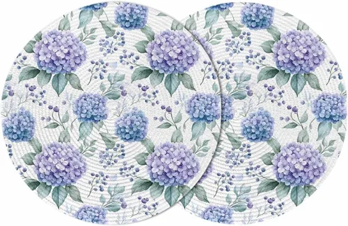 Juego de 2 manteles individuales para mesa de comedor, flores de hortensias moradas, hojas de acuarela, 15 pulgadas, decorativos, redondos,