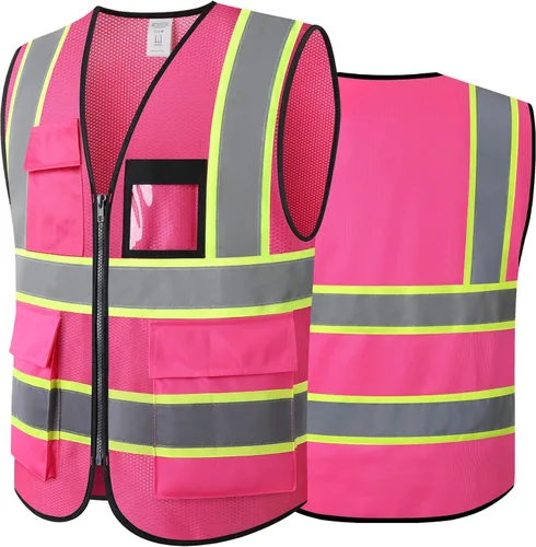 Miniatura 14 de Chaleco de seguridad reflectante de alta visibilidad para hombres y mujeres con bolsillos y cremallera frontal, cumple con los estándares ANSI/ISEA