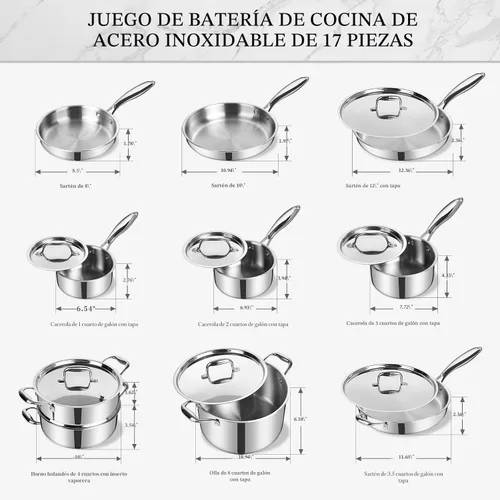 Miniatura 3 de EWFEN Juego de utensilios de cocina de acero inoxidable, juego de ollas y sartenes de 17 piezas de 3 capas de acero inoxidable, seguro para horno