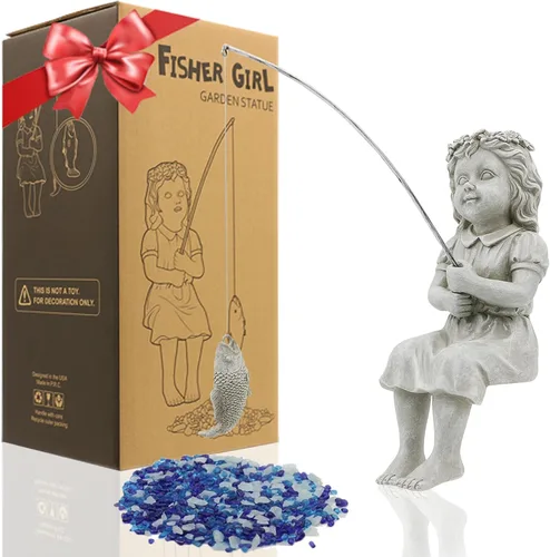 Goodeco Estatua de jardín de Fishergirl – Pequeño pescador de 11 pulgadas para estanque Koi o cascadas, estatua junto a la piscina con guijarros que