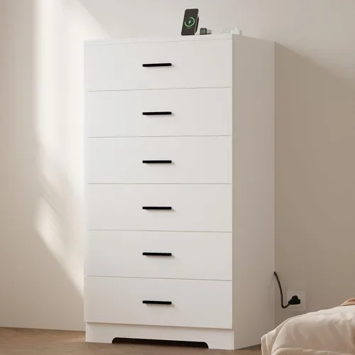 Miniatura 10 de Cómoda de 48" de alto para dormitorio, cómoda de madera con 6 cajones con tomas de corriente, cómoda con gran espacio de almacenamiento y asas