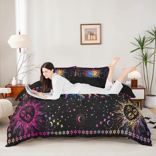Miniatura 4 de Erosebridal Juego de ropa de cama bohemio con sol y luna, funda de edredón hippie de 3 piezas, colorida funda de edredón teñida anudada, funda