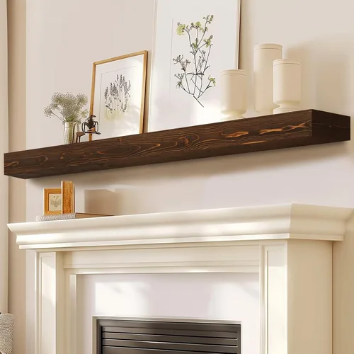 Miniatura 12 de Repisa de chimenea de 48 pulgadas, madera maciza rústica hecha a mano de 3 pulgadas de grosor, estante flotante largo de pared con soporte de metal