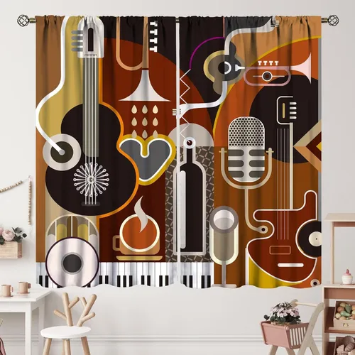 Miniatura 49 de Cortinas de notas musicales, rústicas, mágicas, notas musicales, arte retro, piano y violín, cortina con bolsillo para barra para dormitorio, sala